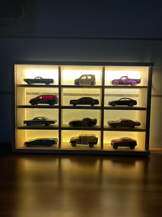 12 compartments Led Wooden Organizer for Hotwheels with sliding cover