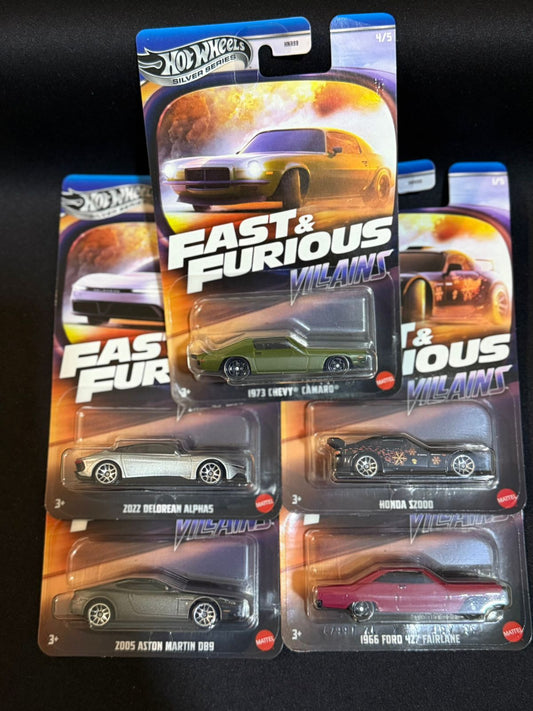 HOTWHEELS SILVER SERIES- FAST & FURIOUS "VILLAINS" -PACK OF 5- 1973 CHEVY CAMARO, 2022 DELOREAN ALPHAS, 2005 ASTON MARTIN DB9, HONDA S2000, 1966 FORD 427 FAIRLINE