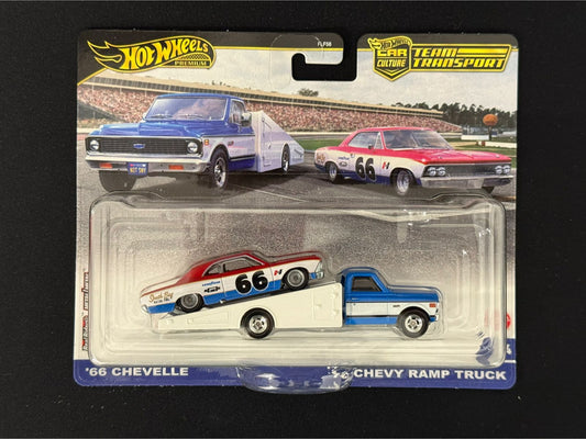 HOTWHEELS PREMIUM- TEAM TRANSPORT- '66 CHEVELLE, CHEVY RAMP TRUCK (Imported)