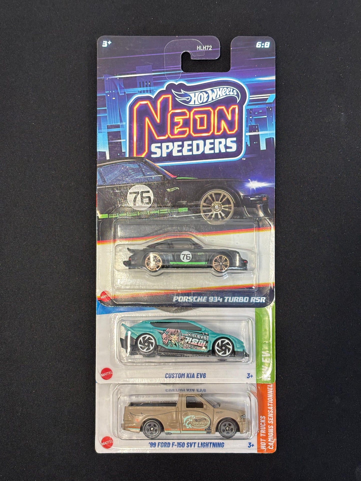 HOTWHEELS PACK OF 3- PORSCHE 934 TURBO GSR (Neon Speeders), CUSTOM KIA EV6, '99 FORD F-150 SVT LIGHTNING