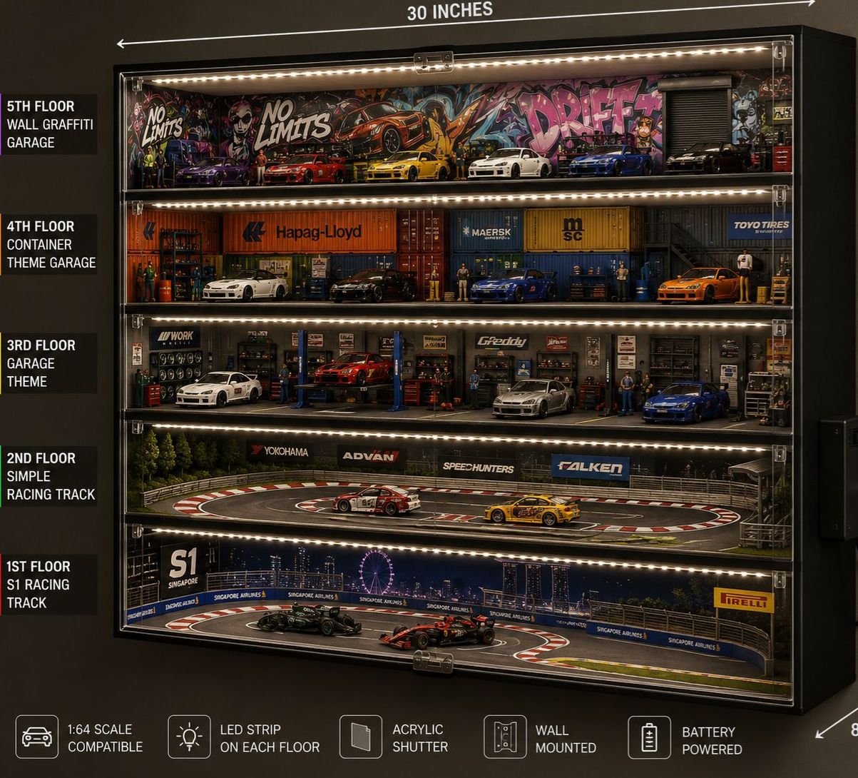 5 Floor Led Garage with Transparent Acrylic cover for 1:64 Scale Cars