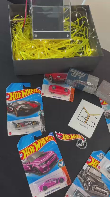 Gift Hamper- Double layer Mini GT LED display + 4 Hotwheels ( Random ) + Hotwheels keychain